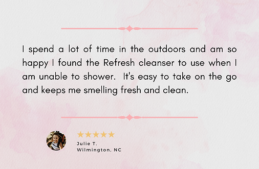Pink quote graphic about an easy-to-take shower cleaner keeping someone fresh and clean after outdoor time