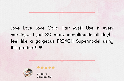 Pink testimonial graphic praising Voila Hair Mist with 5 stars and a customer quote on a soft pink background