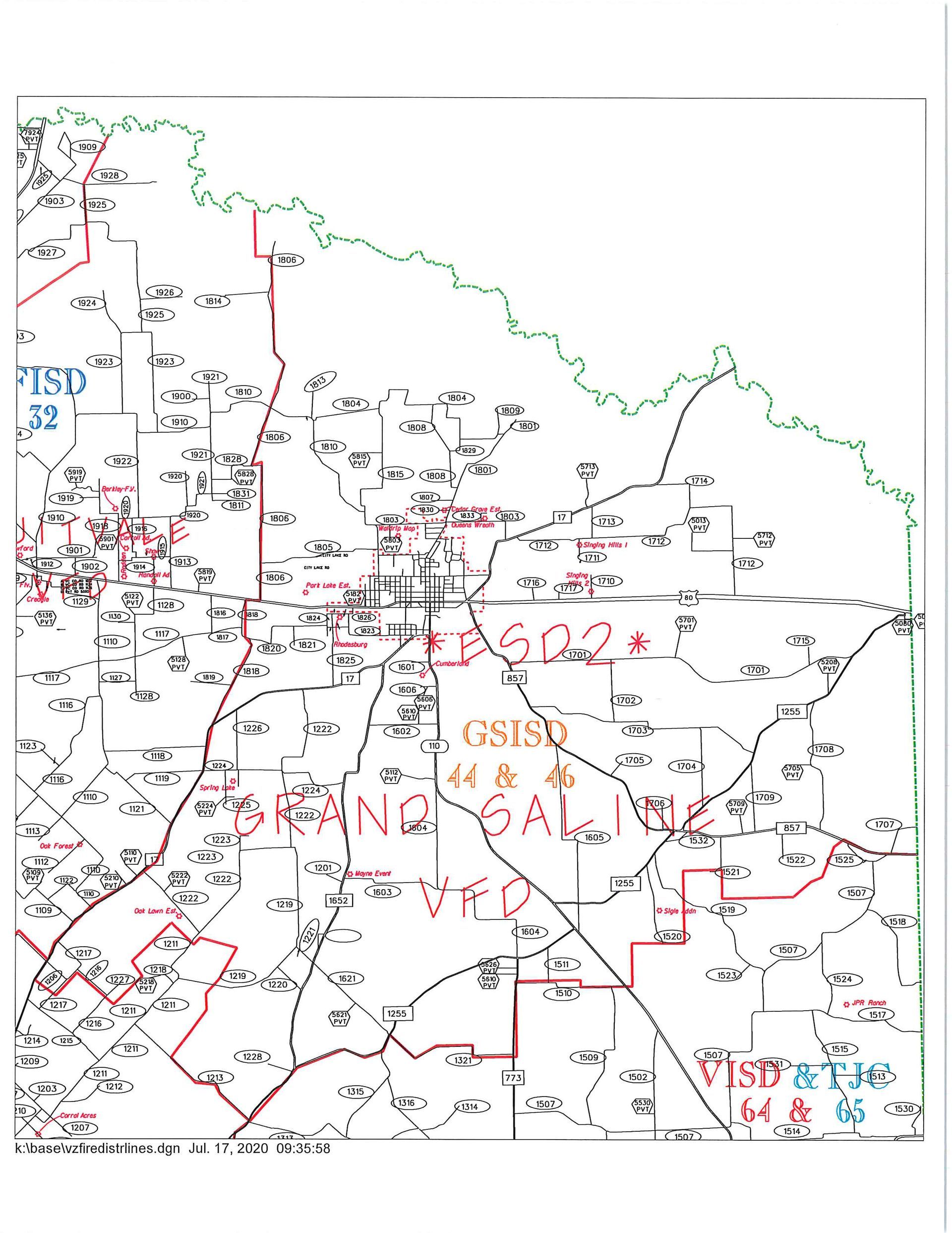 Map of a the coverage area for Van Zandt County ESD 2