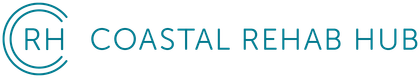 Logo for Coastal Rehab Hub. Circle with "RH" inside, followed by "COASTAL REHAB HUB". Blue text.