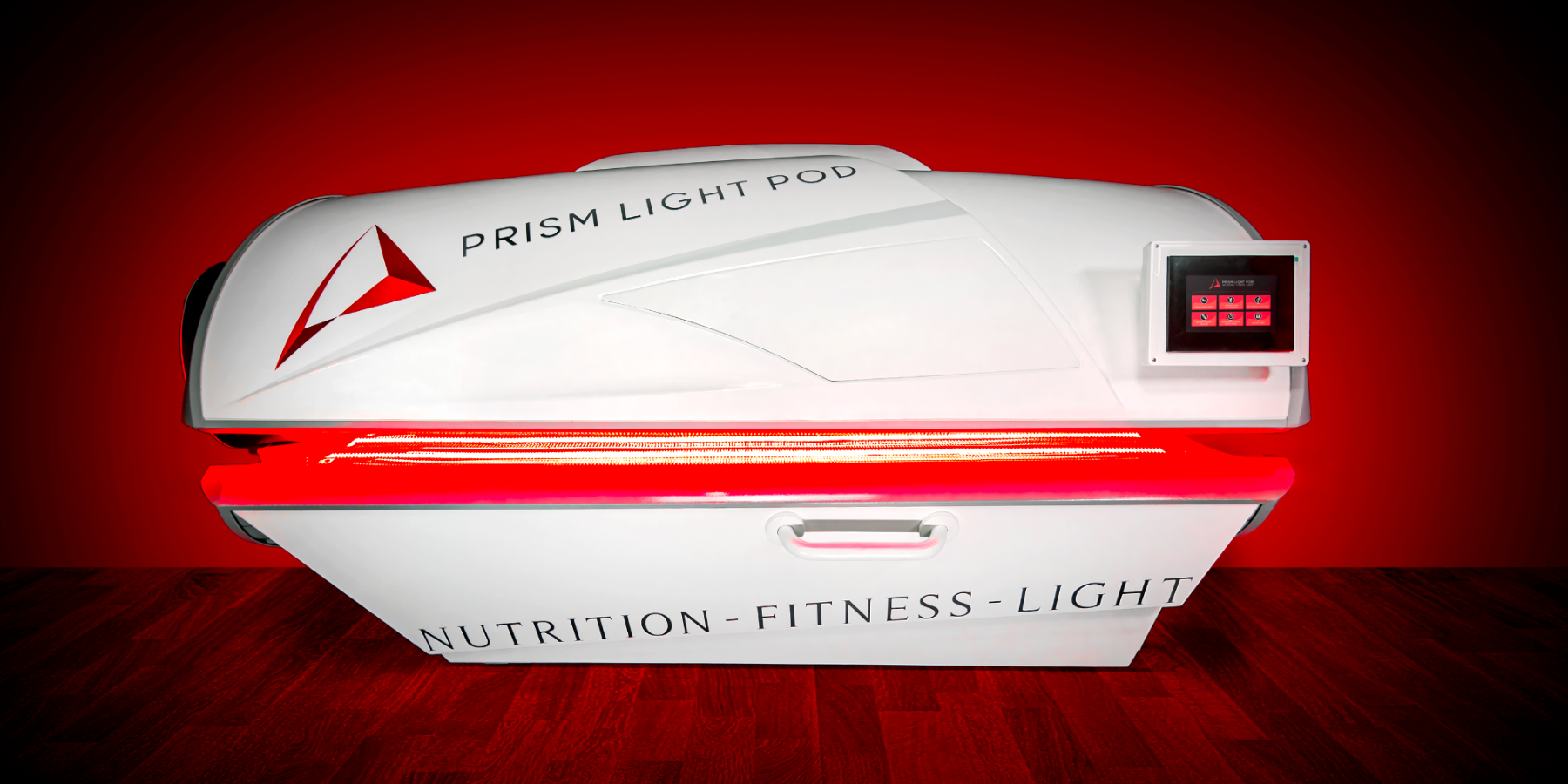 Woman in a red-lit tanning bed, visible torso and legs.