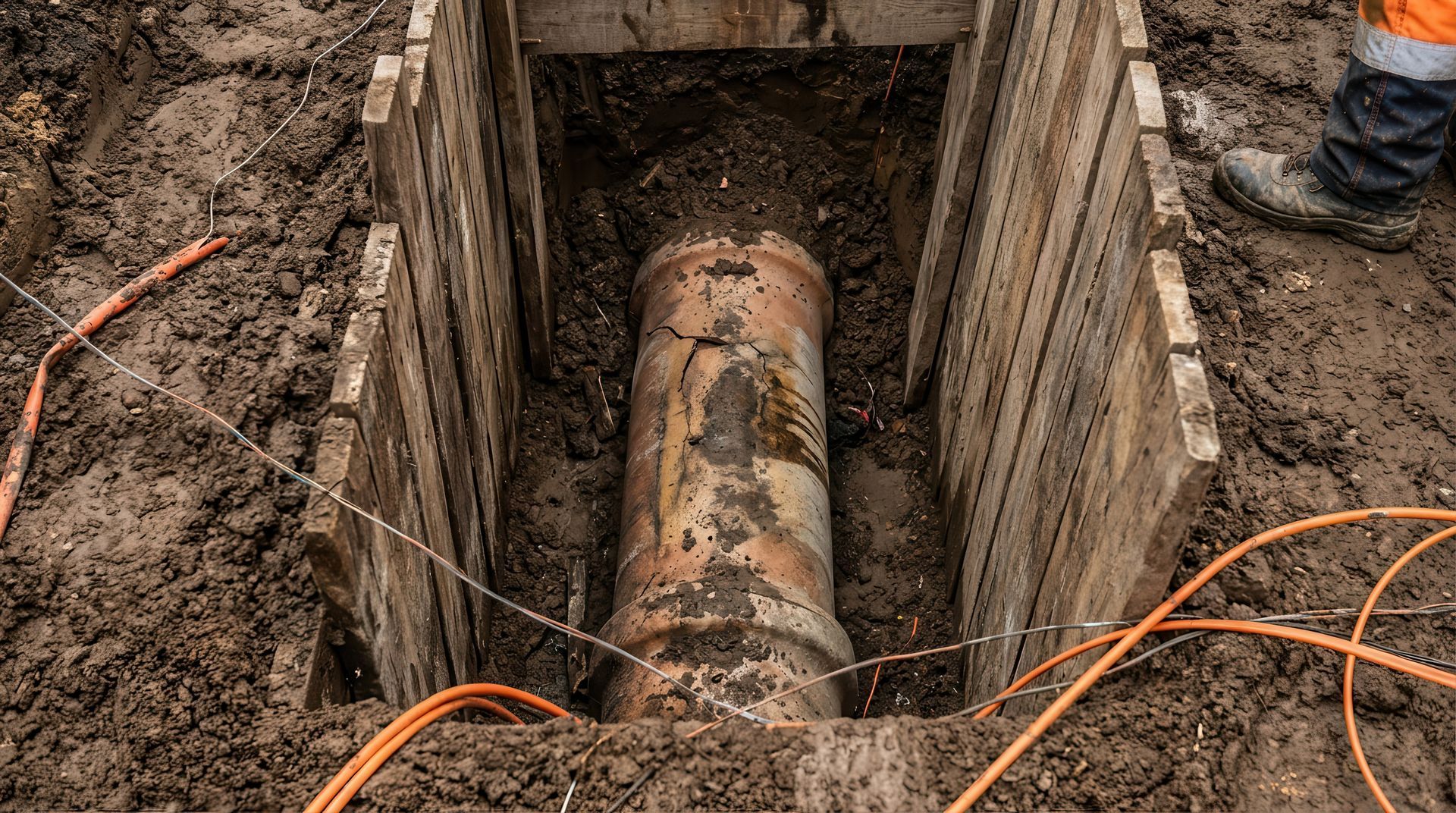 A cracked underground pipe in a trench requiring a professional sewer line replacement service.