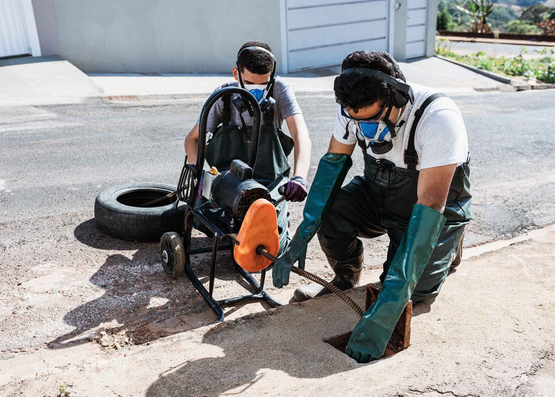 Two technicians in protective gear using a drain snake machine to clear a clogged underground sewer.