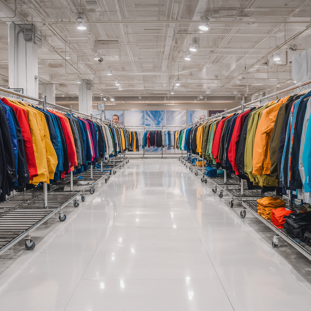 Bright clothing racks lining a spacious, glossy retail store aisle