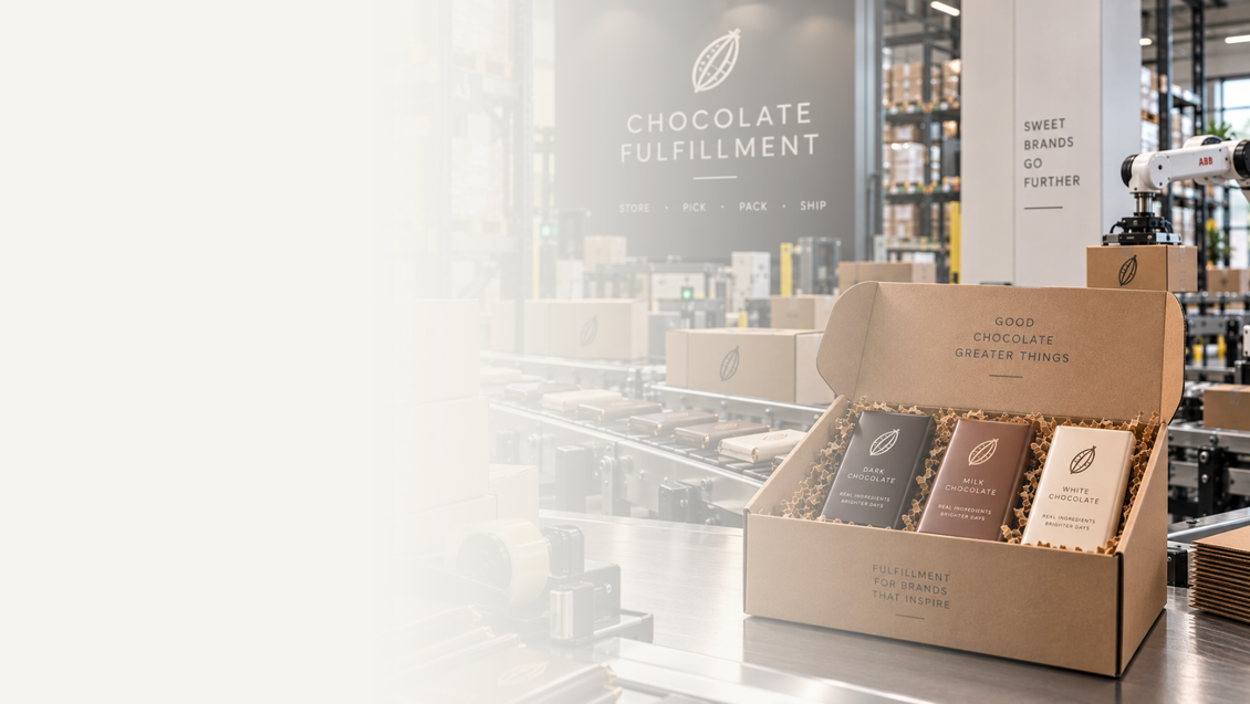 Chocolate bars packed in a kraft shipping box at a chocolate fulfillment center