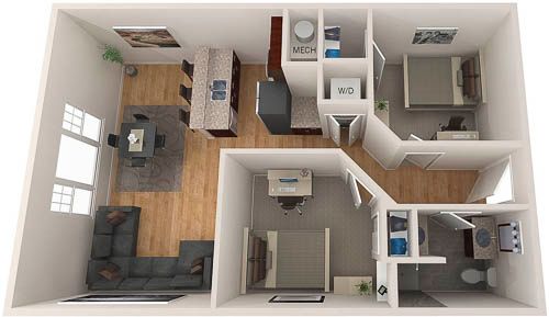 3D floor plan of a small apartment with living room, kitchen, bedroom, bathroom, and office spaces