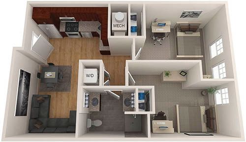 3D floor plan of a small apartment with bedroom, kitchen, bathroom, living room, and office areas