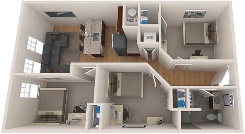 3D floor plan of a small house interior with rooms, furniture, and fixtures visible from above
