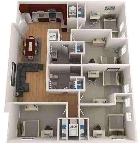 3D floor plan of a small apartment with living room, kitchen, bedrooms, and bathrooms