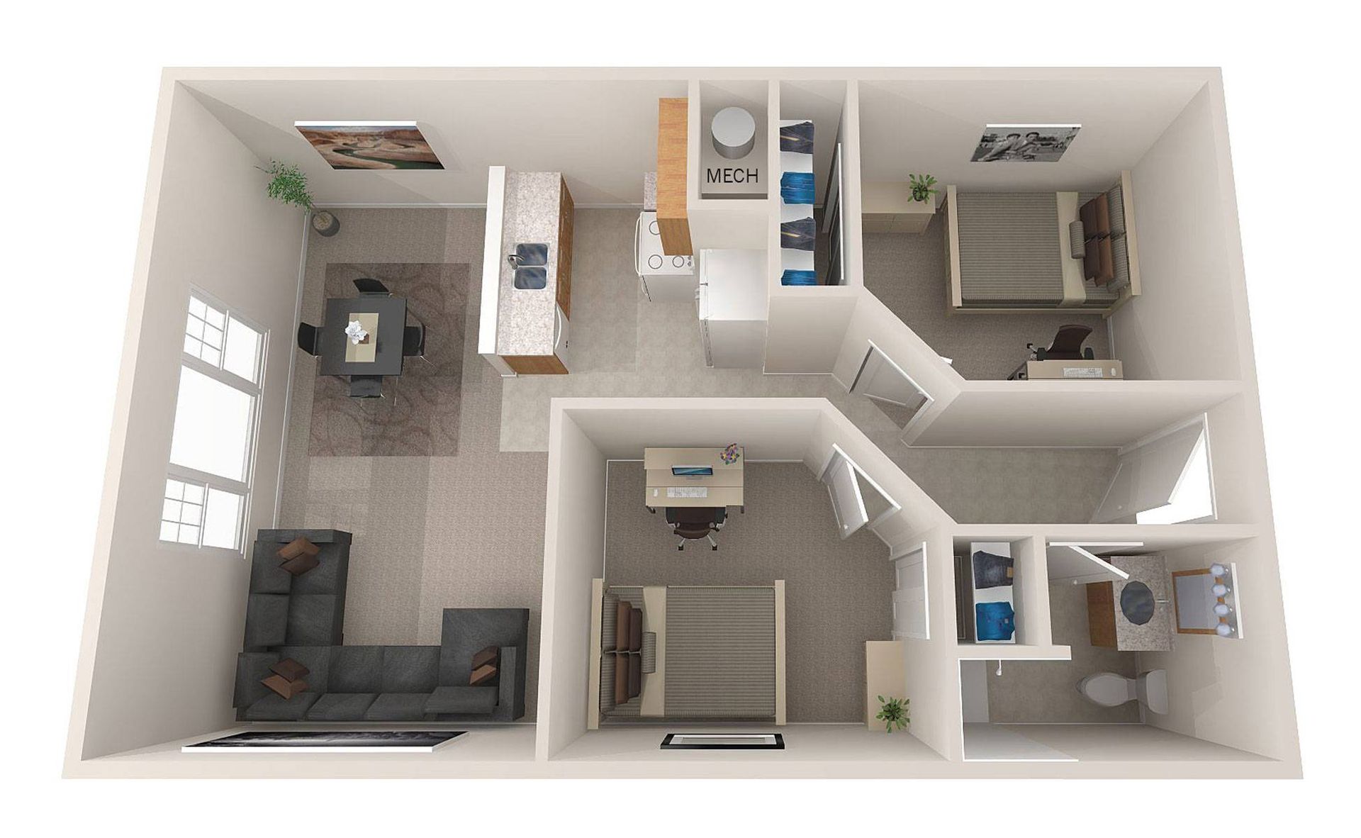 Top-down view of a small apartment floor plan with living room, kitchen, bedrooms, and bathroom.