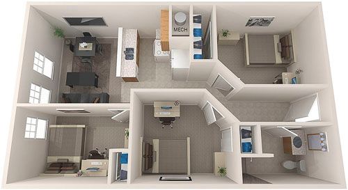 3D floor plan of a small apartment with multiple rooms, white walls, gray floors, and blue accents
