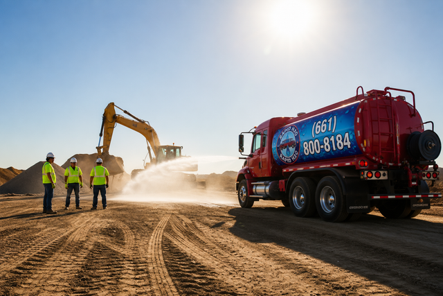 Construction site with tanker truck, excavator, and workers in safety vests under a bright sun.