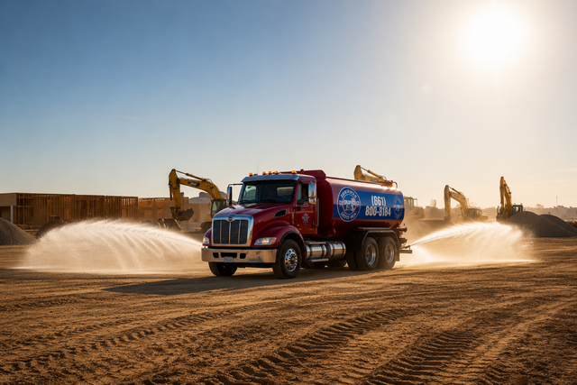 Water truck spraying water on dusty construction site under a bright sun.