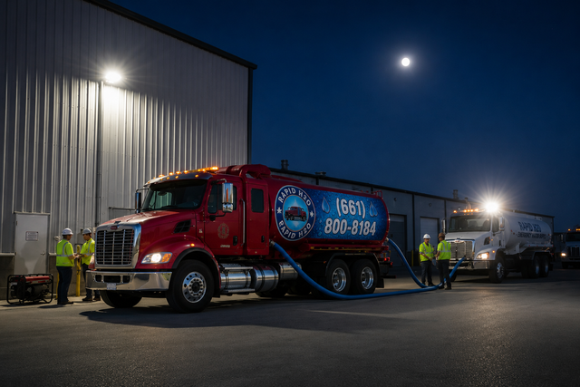 Tanker trucks at night, connected by hoses, with workers in safety vests.