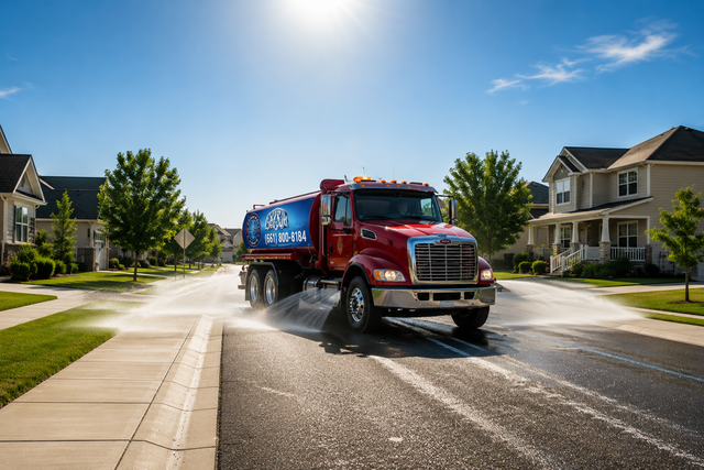 White truck spraying water on a suburban street under a bright sun.