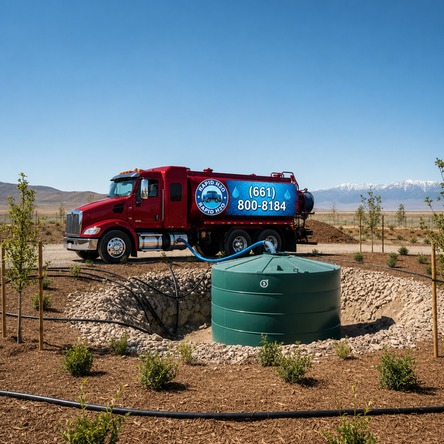 Water truck filling a green water tank in a dry, desert-like landscape. Blue sky and mountains in the background.