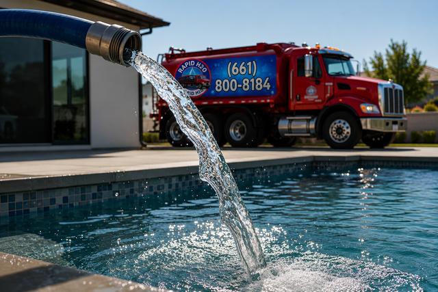 Water pouring from a hose into a swimming pool with a tanker truck in the background.