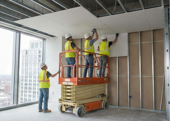 Worker paints drywall ceiling during Commercial Drywall Service in Moreno Valley, CA for a professional interior finish.
