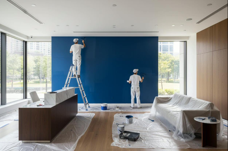 Painters preparing and painting modern living room walls after a professional drywall service in Moreno Valley, CA.