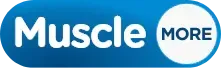 A blue button with the words `` muscle more '' written on it.
