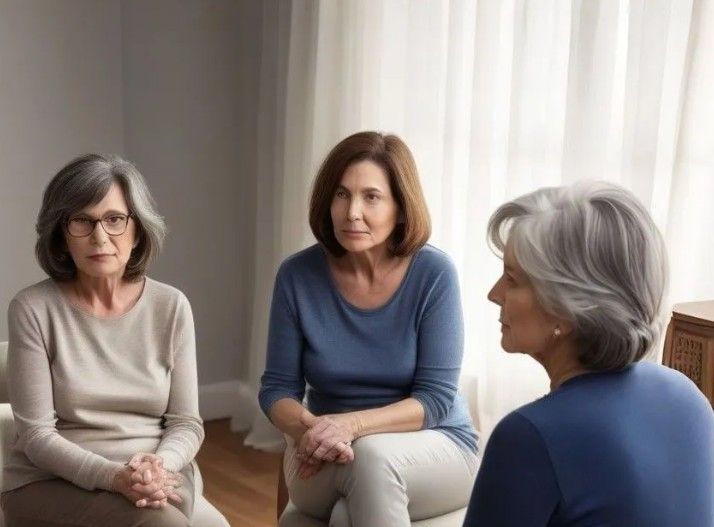 Three older women are sitting on a couch talking to each other.