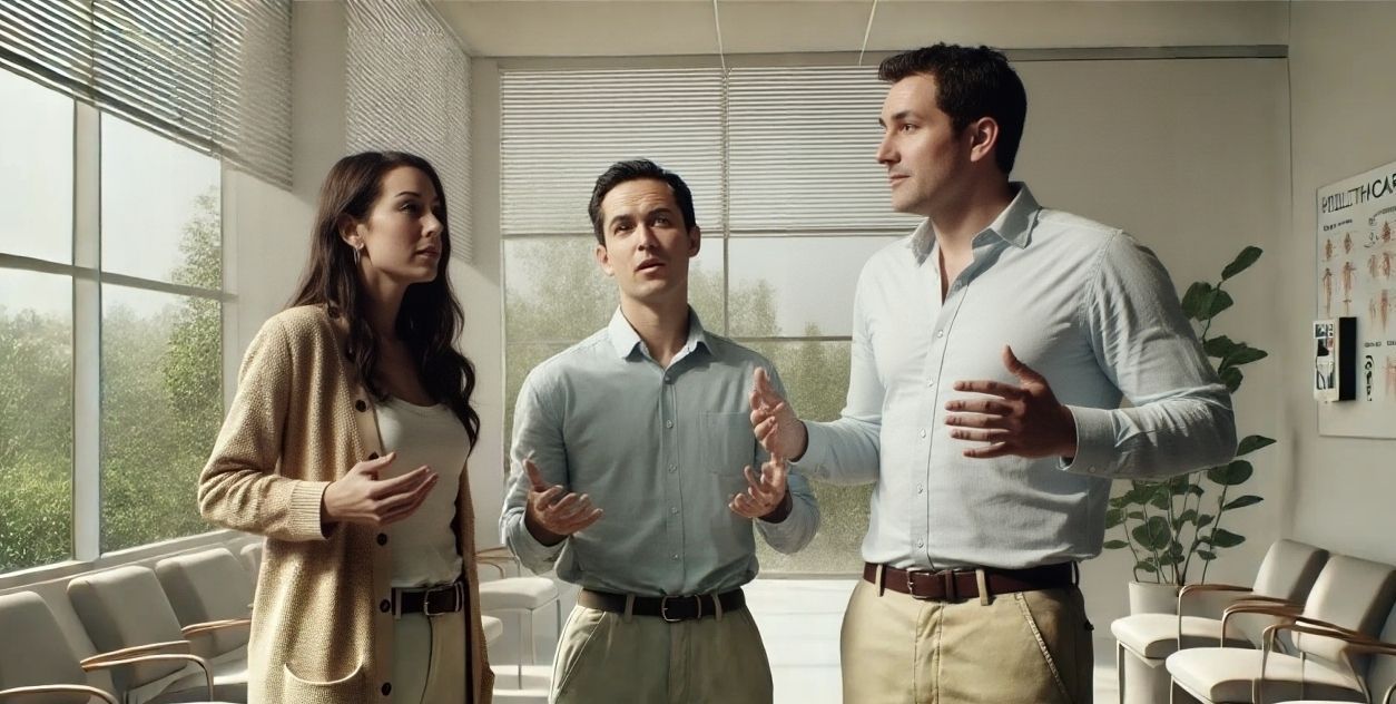 A group of people are standing in a waiting room talking to each other.