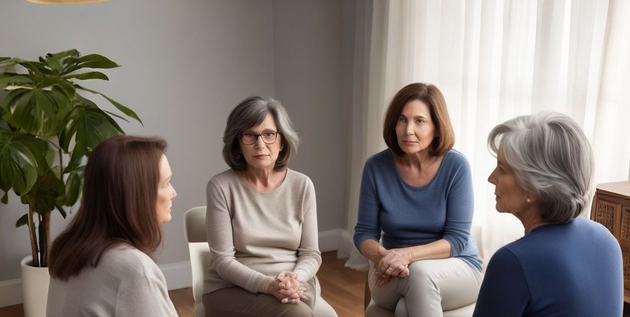 A group of older women are sitting in a circle talking to each other.