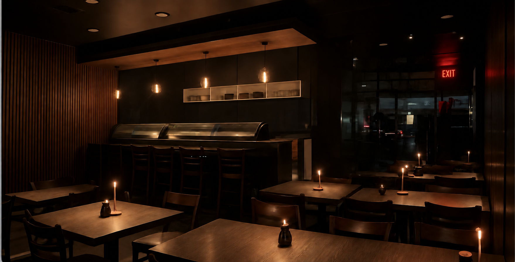 Dimly lit modern restaurant interior with empty tables, booths, and warm pendant lights.
