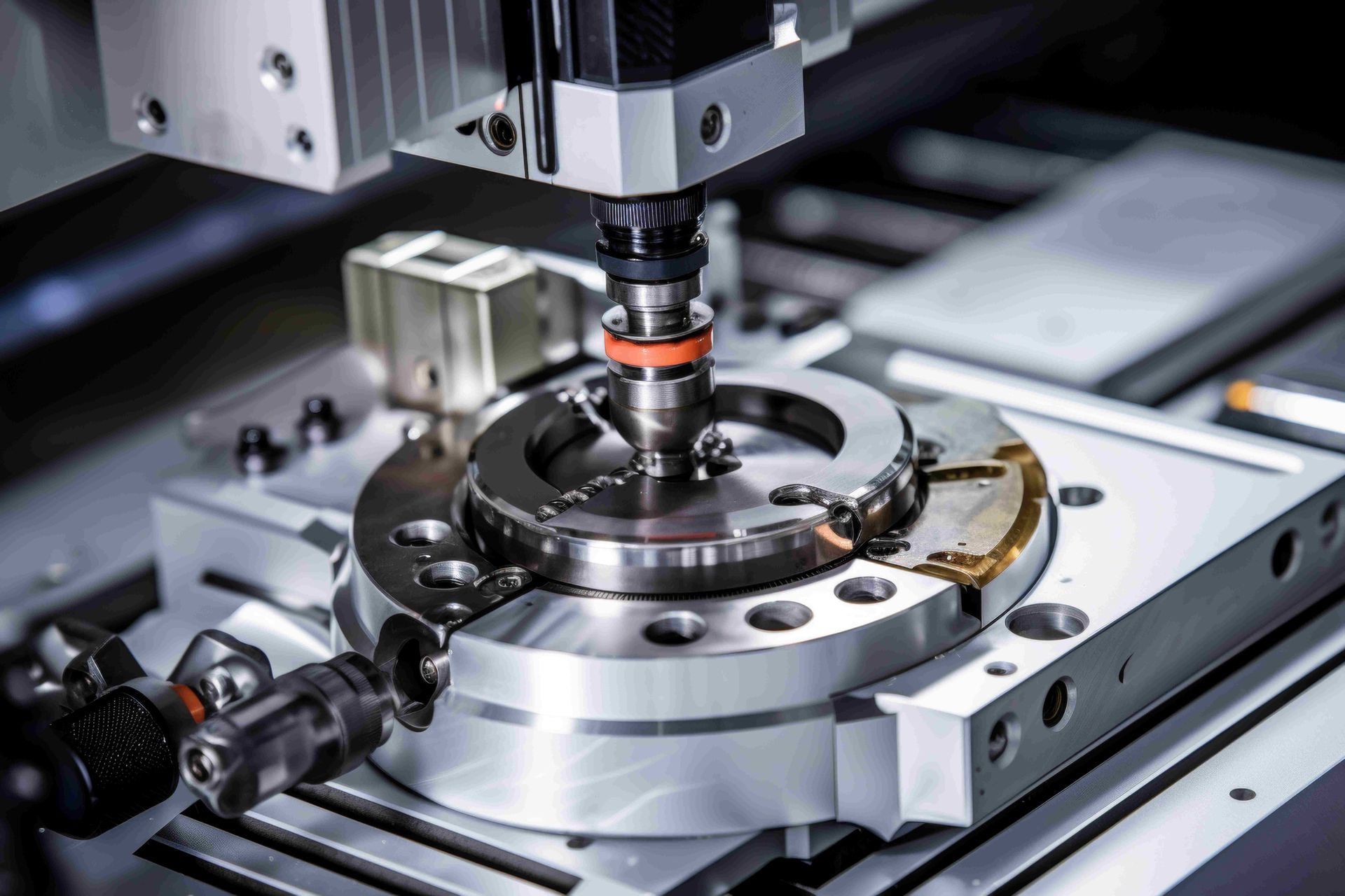 Close-up of a precision machine tool drilling a metal component, industrial setting.