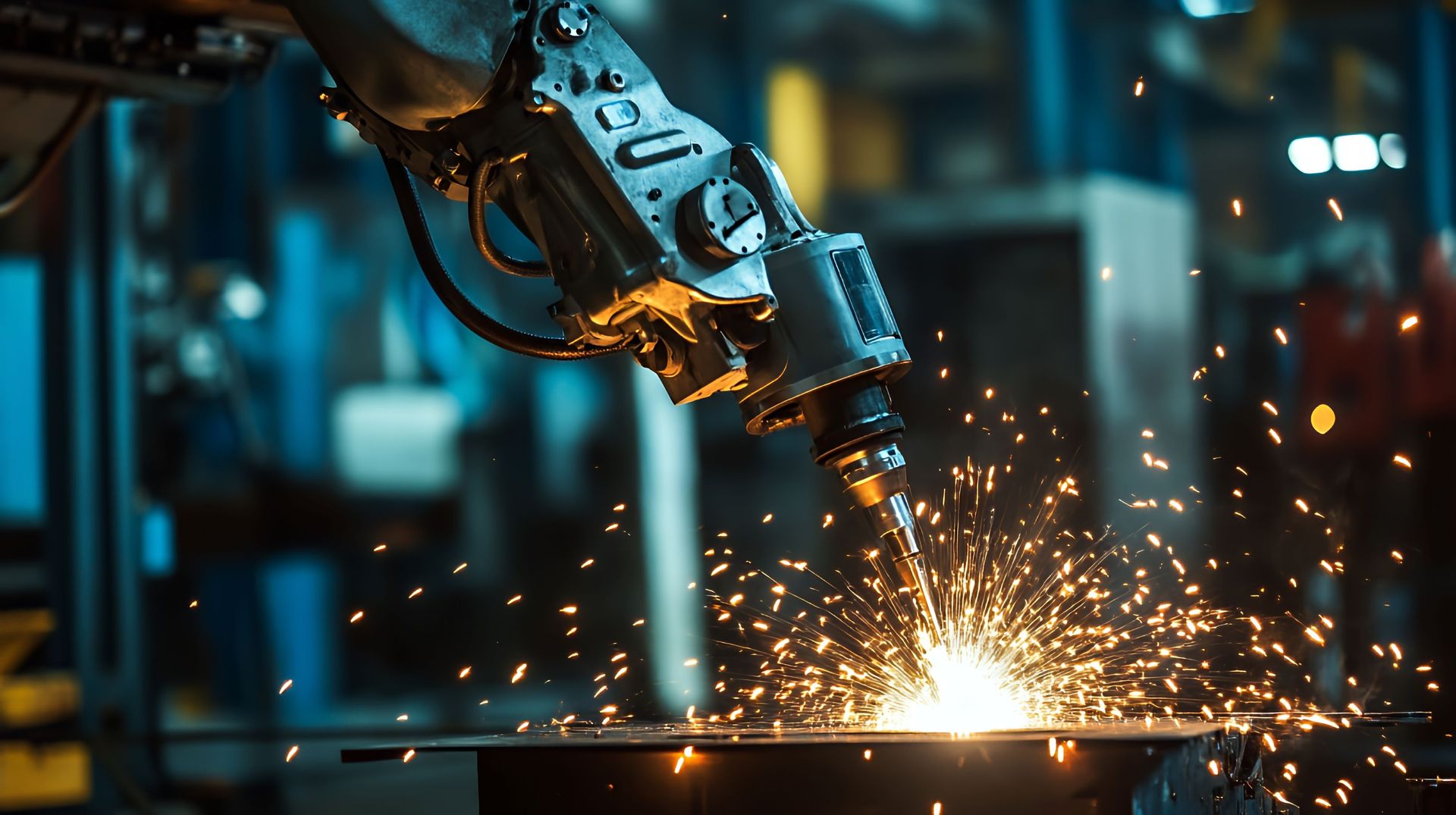 Robot arm welding metal, creating sparks in an industrial setting.