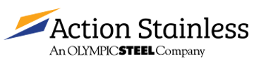 Action Stainless logo with an orange/blue angular design and text: Action Stainless, An OLYMPIC STEEL Company.