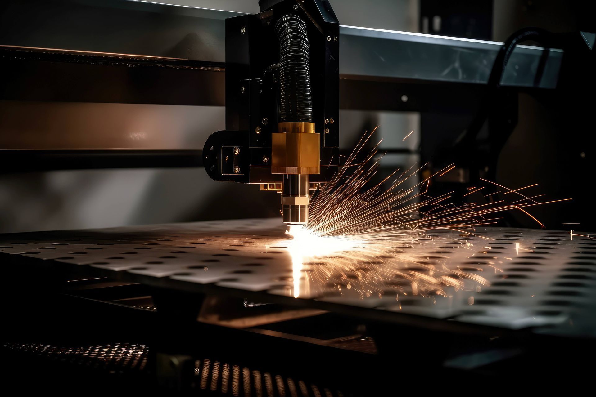 Laser cutter in operation, sparks flying from metal sheet with pre-drilled holes.