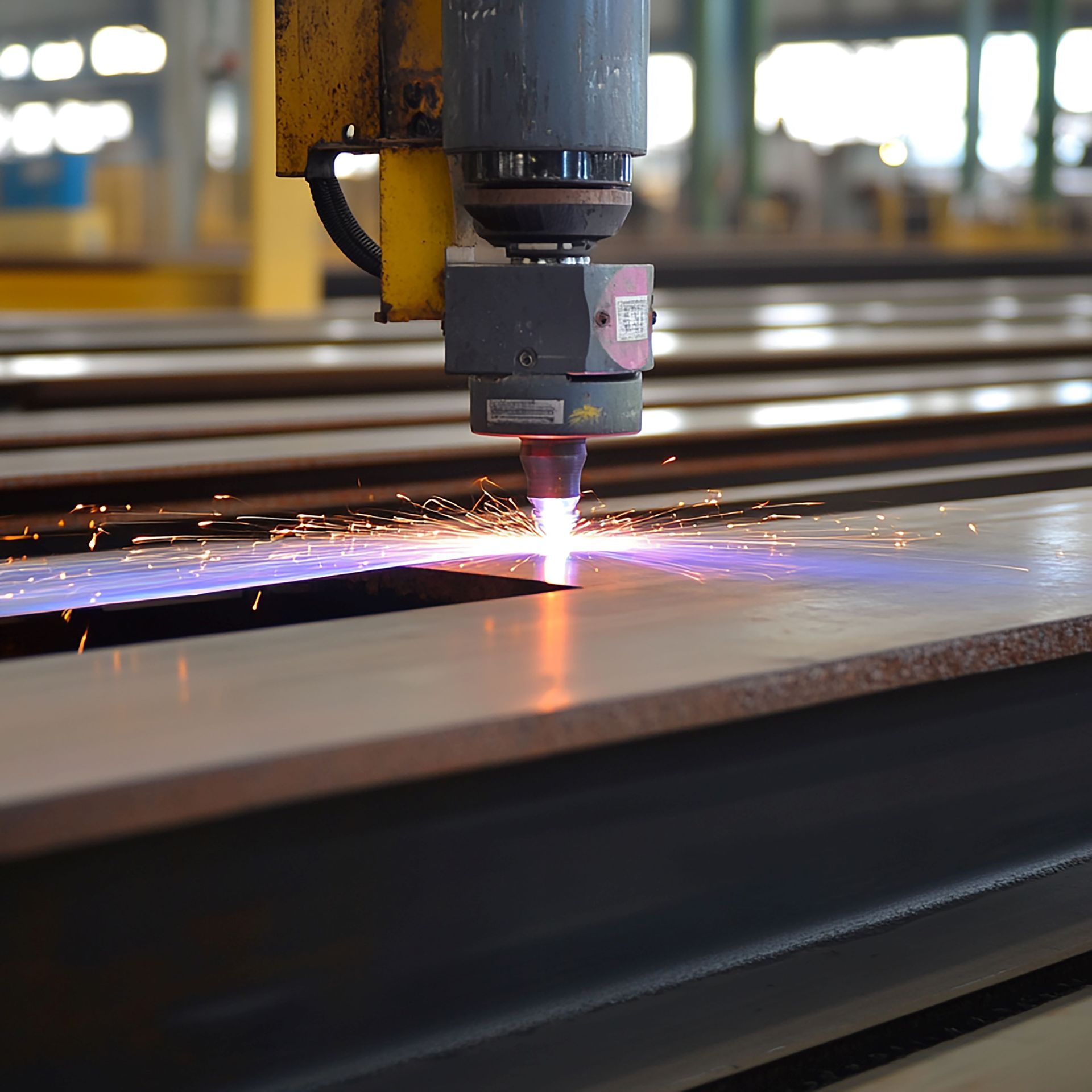 Plasma cutter cutting through a metal sheet, sparks flying in an industrial setting.