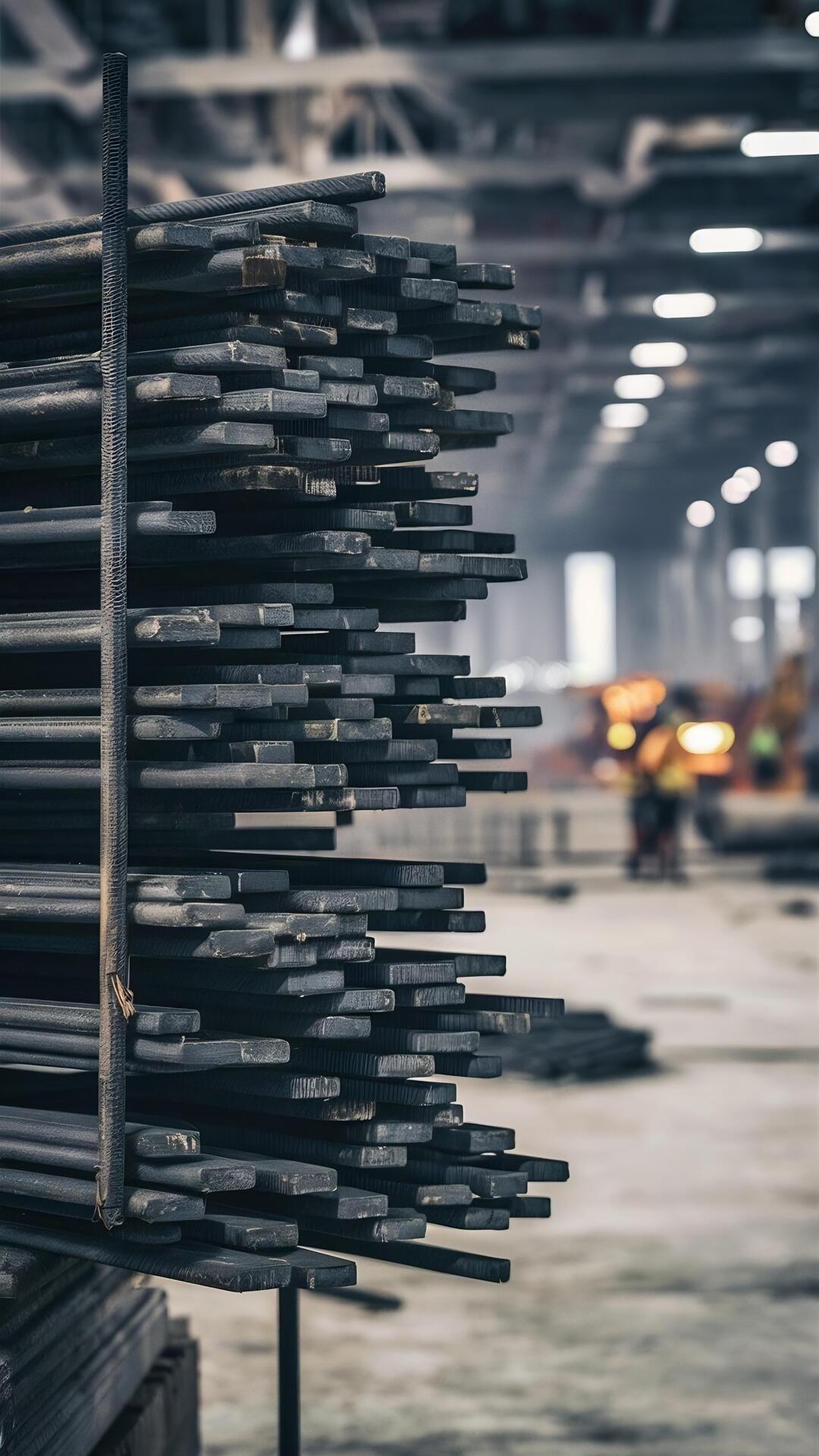 Stack of metal rods in an industrial setting, with workers and machinery visible in the background.