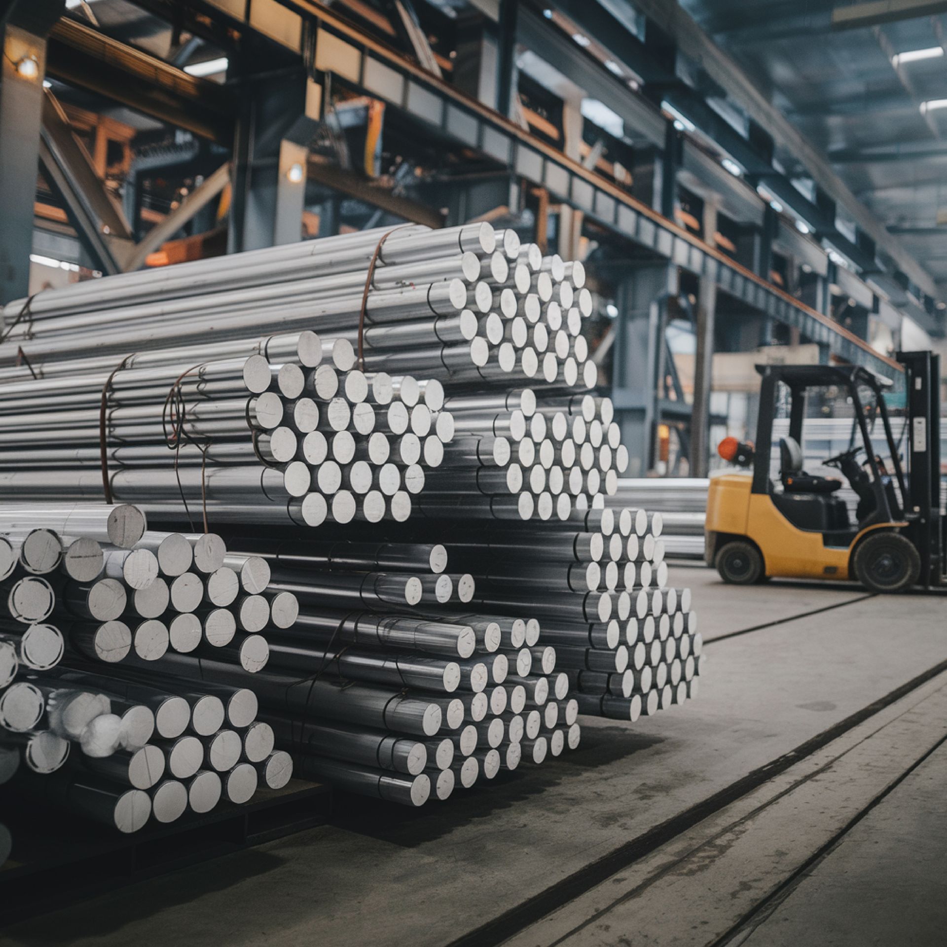 Piles of metal rods in a factory, with a yellow forklift in the background.