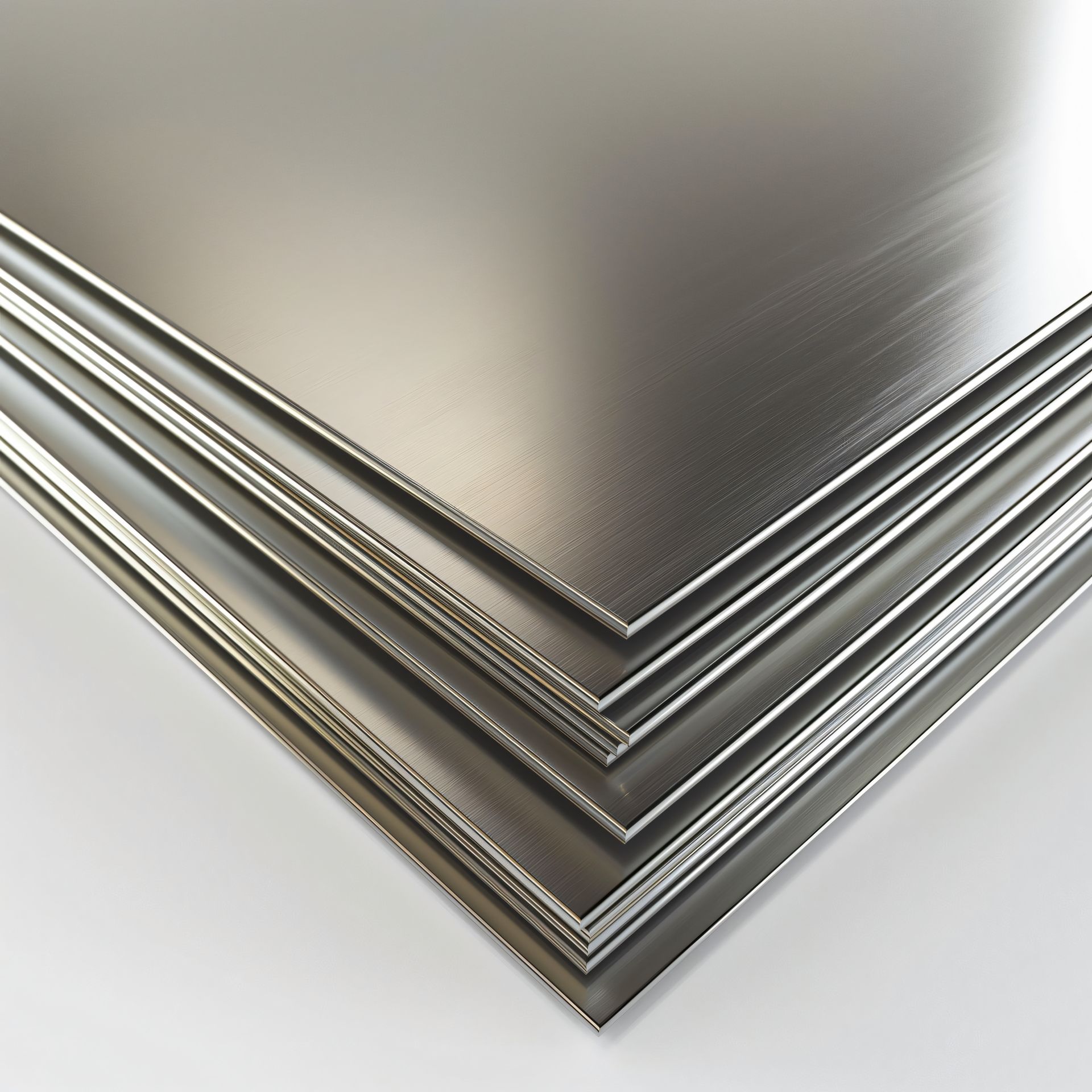 Stack of shiny, metallic rectangular metal sheets.
