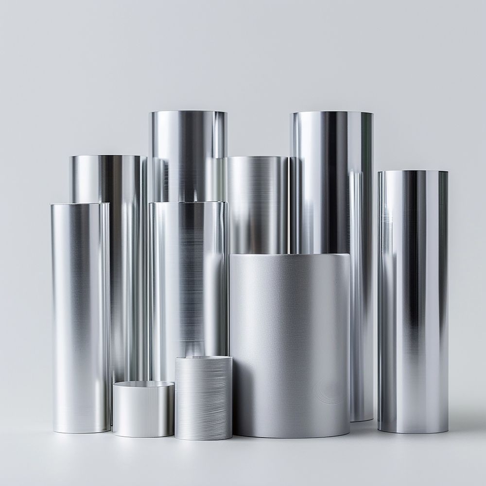 Silver metal cylinders of varying heights.