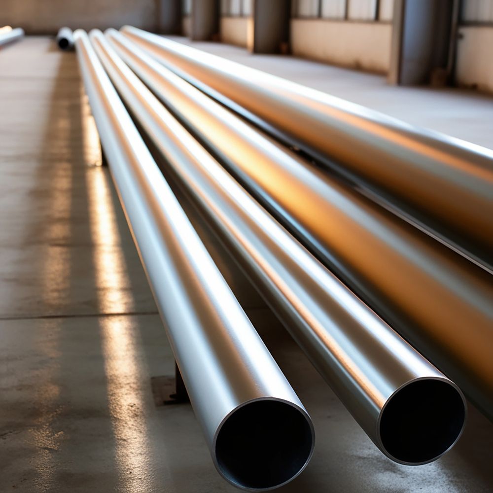 Several long, silver metal pipes stacked on a reflective, industrial floor.