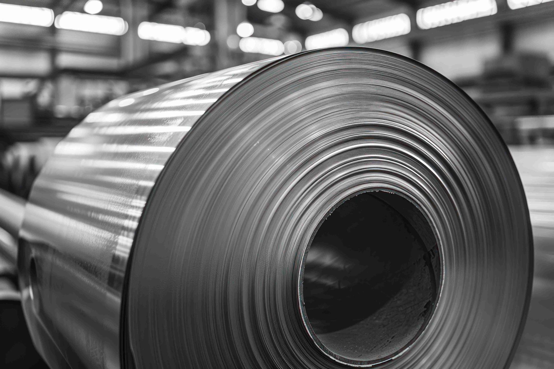 Coil of rolled metal sheet in a factory setting.