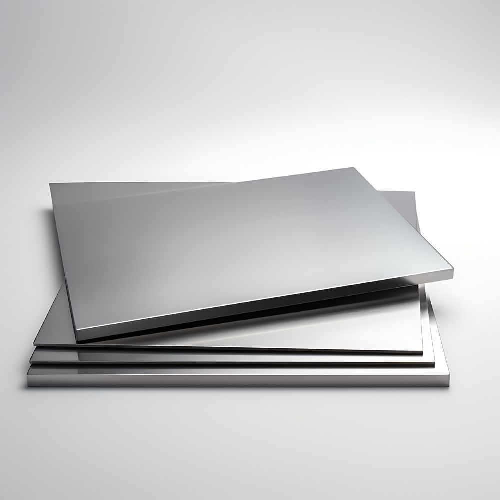 Stack of shiny, rectangular metal sheets, angled and overlapping, on a light grey surface.