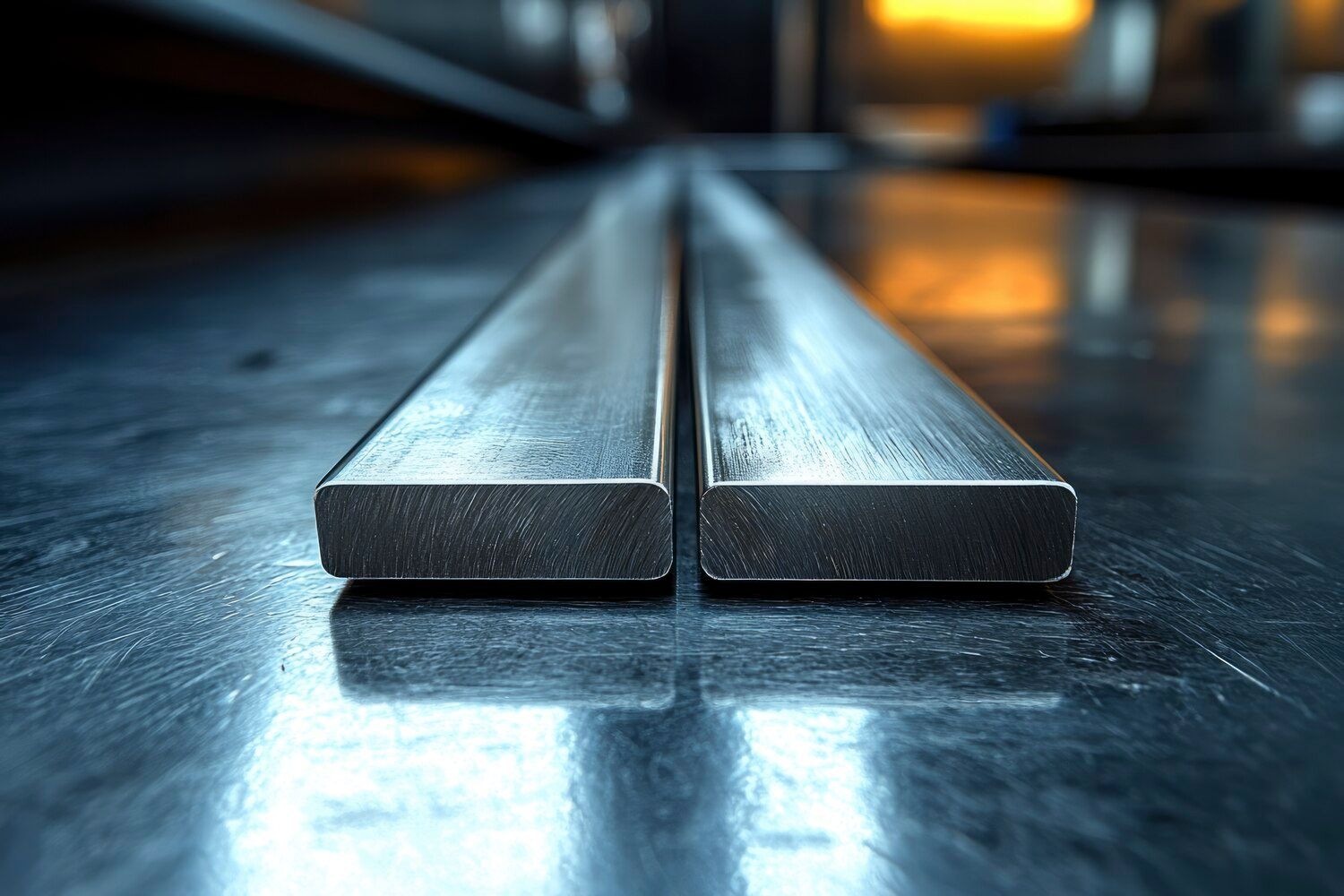 Two rectangular, metallic bars side-by-side on a reflective, gray surface, reflecting light.
