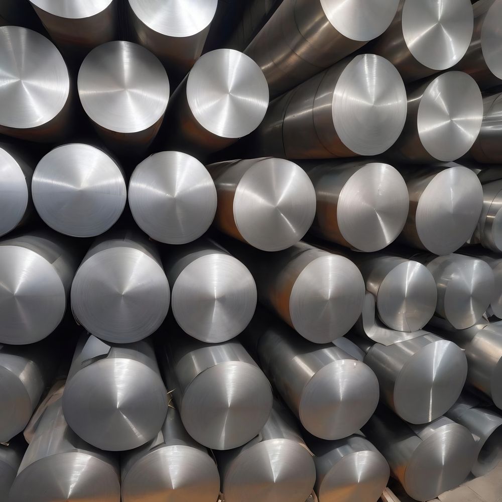 Close-up of a stack of cylindrical metal bars, with reflective, circular ends.