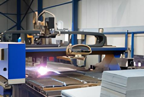 Plasma cutter in an industrial setting, cutting metal sheet with blue flame.