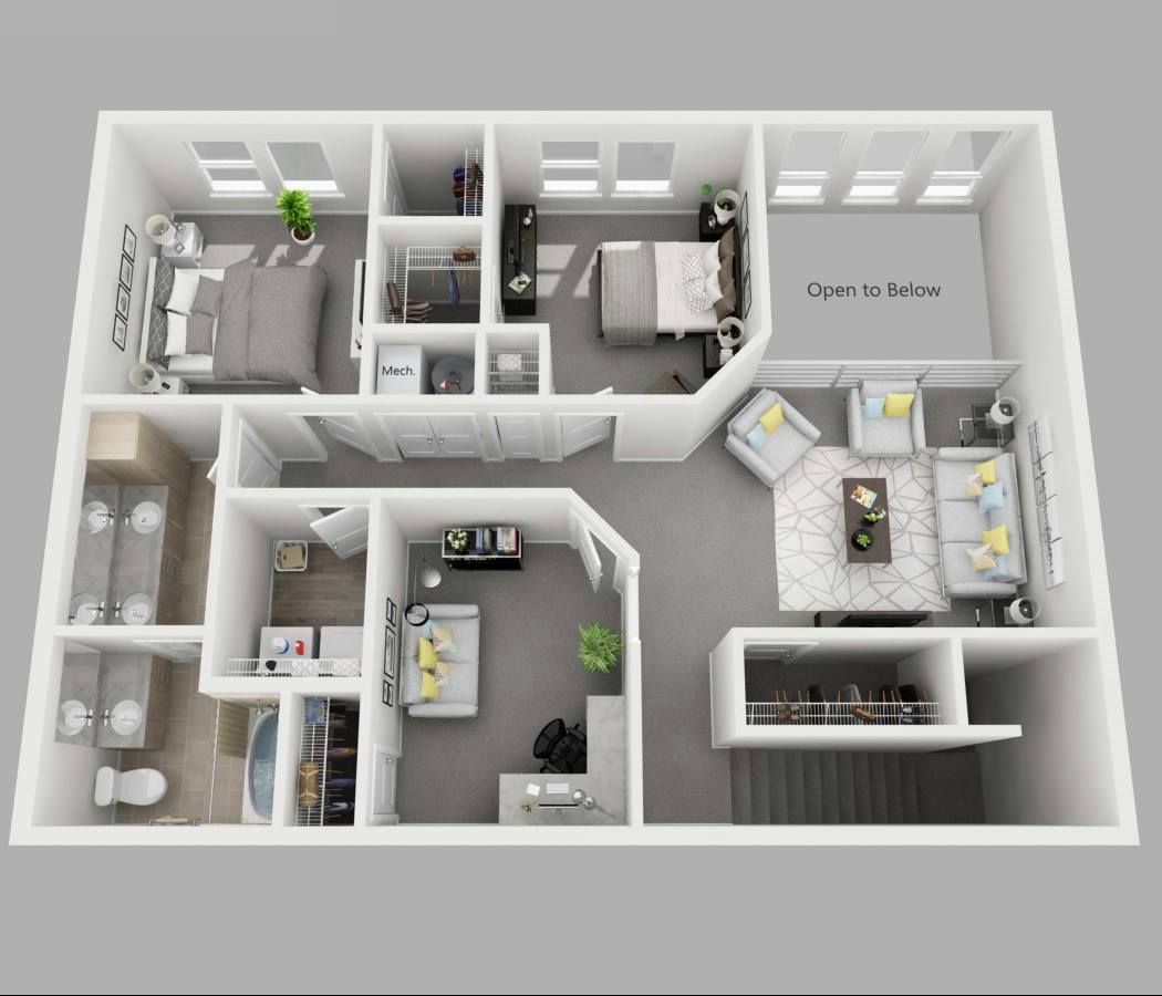 A 3d floor plan of a house with a lot of furniture.