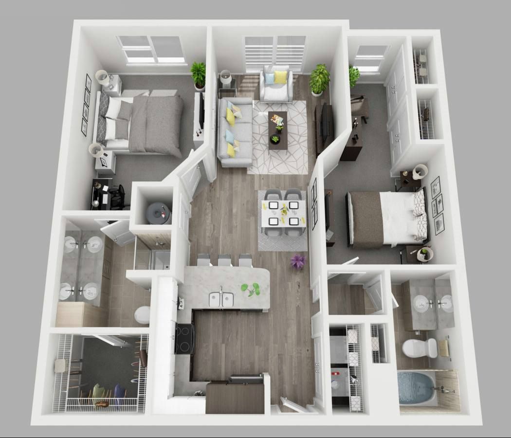 A 3d floor plan of a house with two bedrooms and a bathroom.