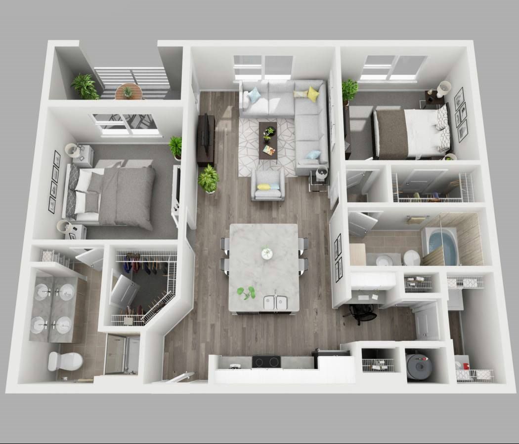 A 3d floor plan of a house with a dining room , living room , and bedrooms.