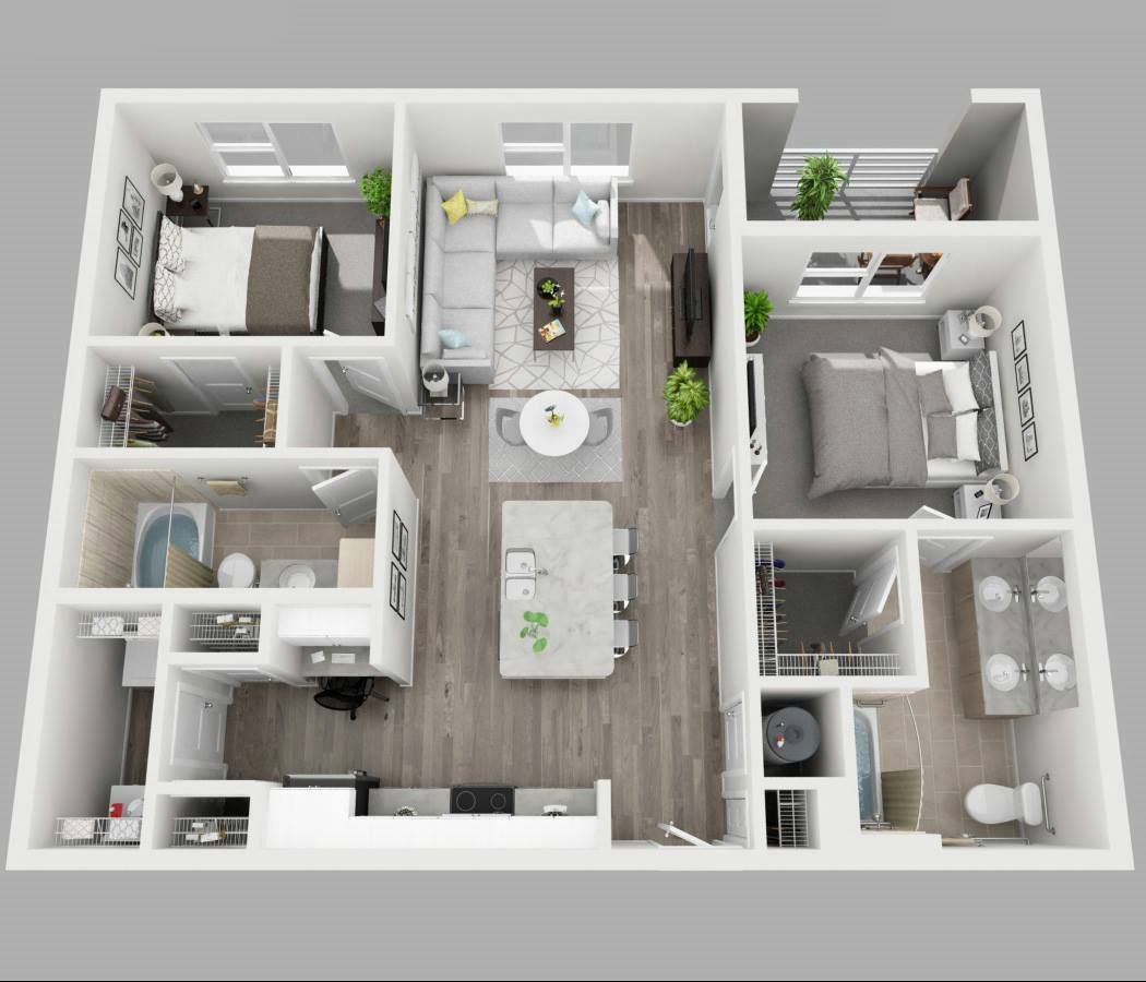 A 3d floor plan of a house with two bedrooms , a living room , and a kitchen.