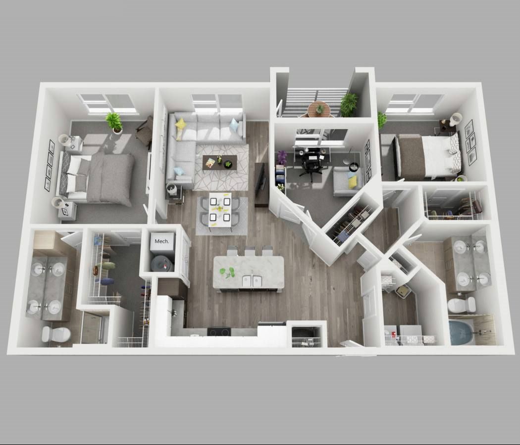 A 3d floor plan of a house with a lot of furniture.