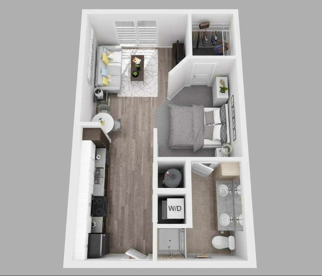 A 3d floor plan of a small apartment with a bedroom , living room , kitchen and bathroom.