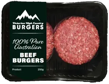 Two beef burgers are in a plastic container.